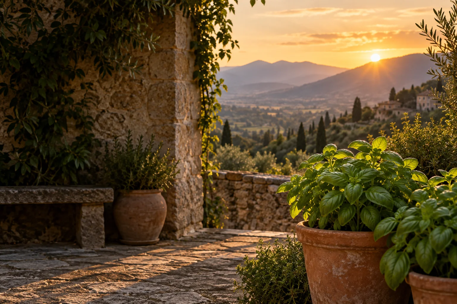 Basilicum op een mediterraan terras bij zonsondergang, sfeerbeeld