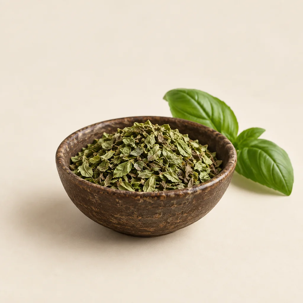 Generated illustration of dried culinary basil in a ceramic bowl